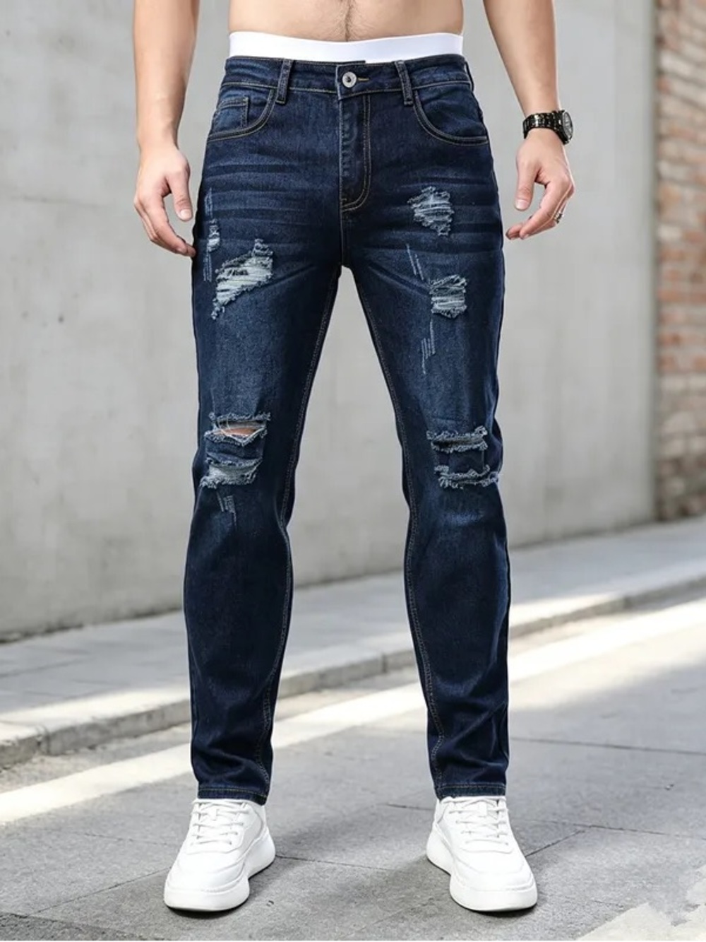 George Men's Relaxed Ripped Jeans - Dark Blue